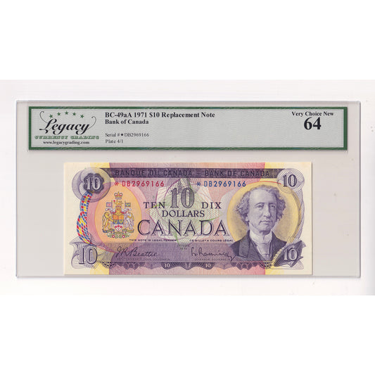 BC-49aA 1971 Canada $10 Beattie-Rasminsky, Replacement, *DB Legacy Certified CUNC64