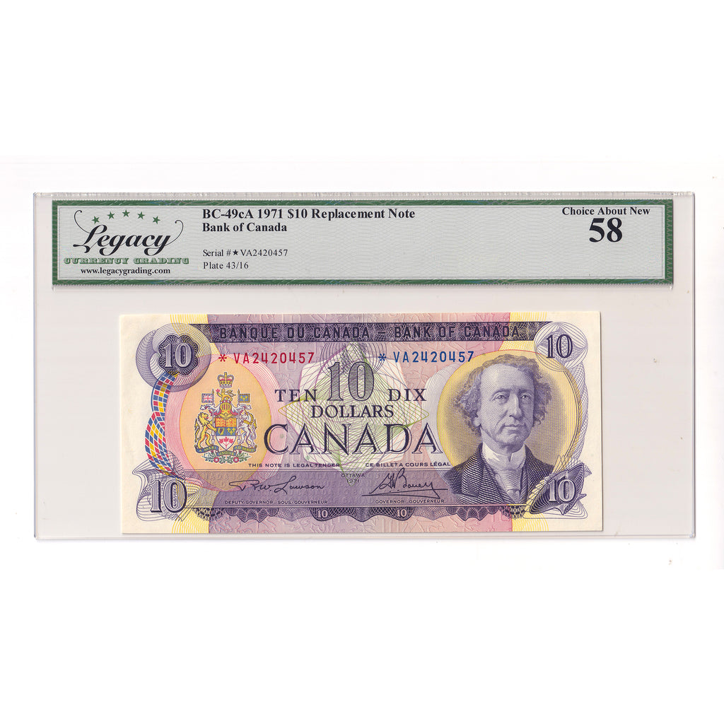 BC-49cA 1971 Canada $10 Lawson-Bouey, Replacement, *VA Legacy Certified AU58