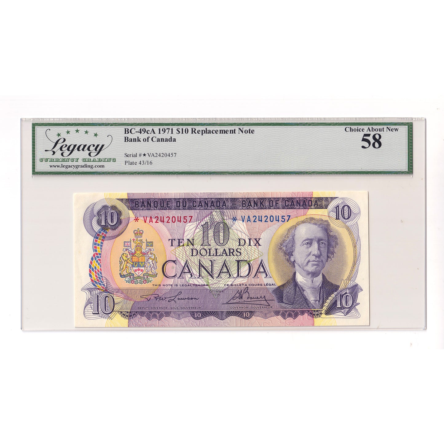 BC-49cA 1971 Canada $10 Lawson-Bouey, Replacement, *VA Legacy Certified AU58