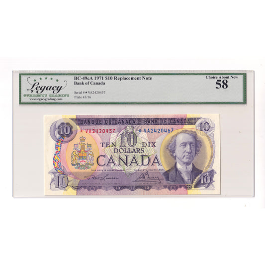 BC-49cA 1971 Canada $10 Lawson-Bouey, Replacement, *VA Legacy Certified AU58