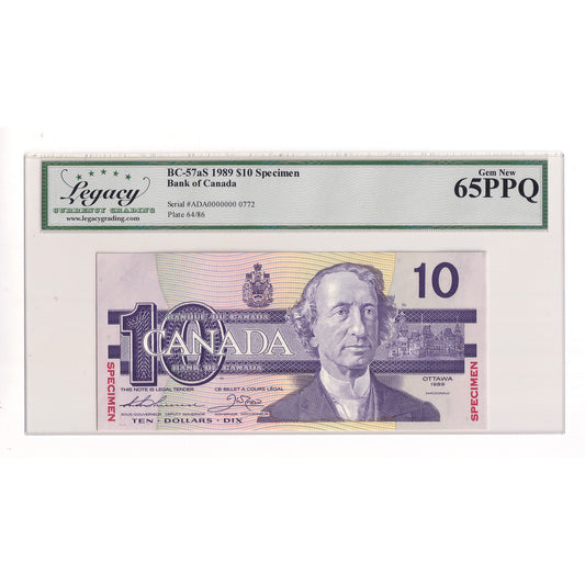 BC-57aS 1989 Canada $10 Thiessen-Crow, Specimen 0772, ADA Legacy Certified GUNC65 PPQ