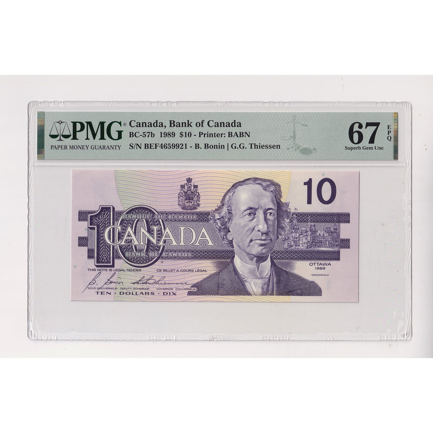 BC-57b 1989 Canada $10 Bonin-Thiessen, BEF PMG Certified GUNC67 EPQ