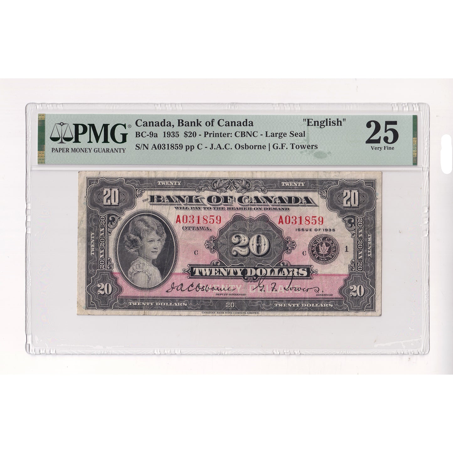 BC-9a 1935 Canada $20 Osborne-Towers, English, Large Seal, Check Letter C PMG Cert VF25