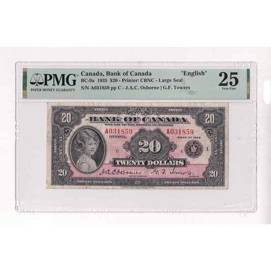 BC-9a 1935 Canada $20 Osborne-Towers, English, Large Seal, Check Letter C PMG Cert VF25