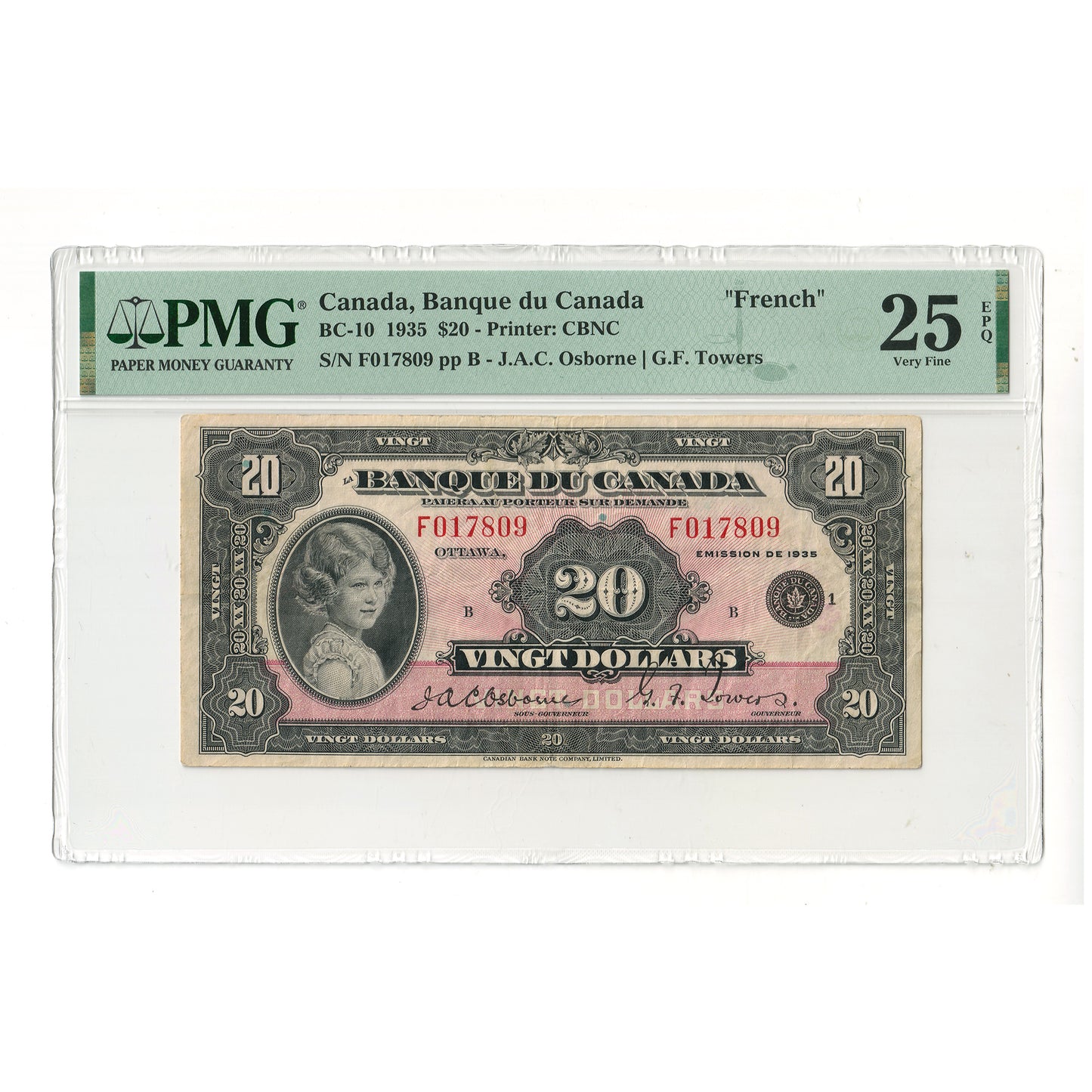BC-9a 1935 Canada $20 Osborne-Towers, French, Check Letter B PMG Cert VF25