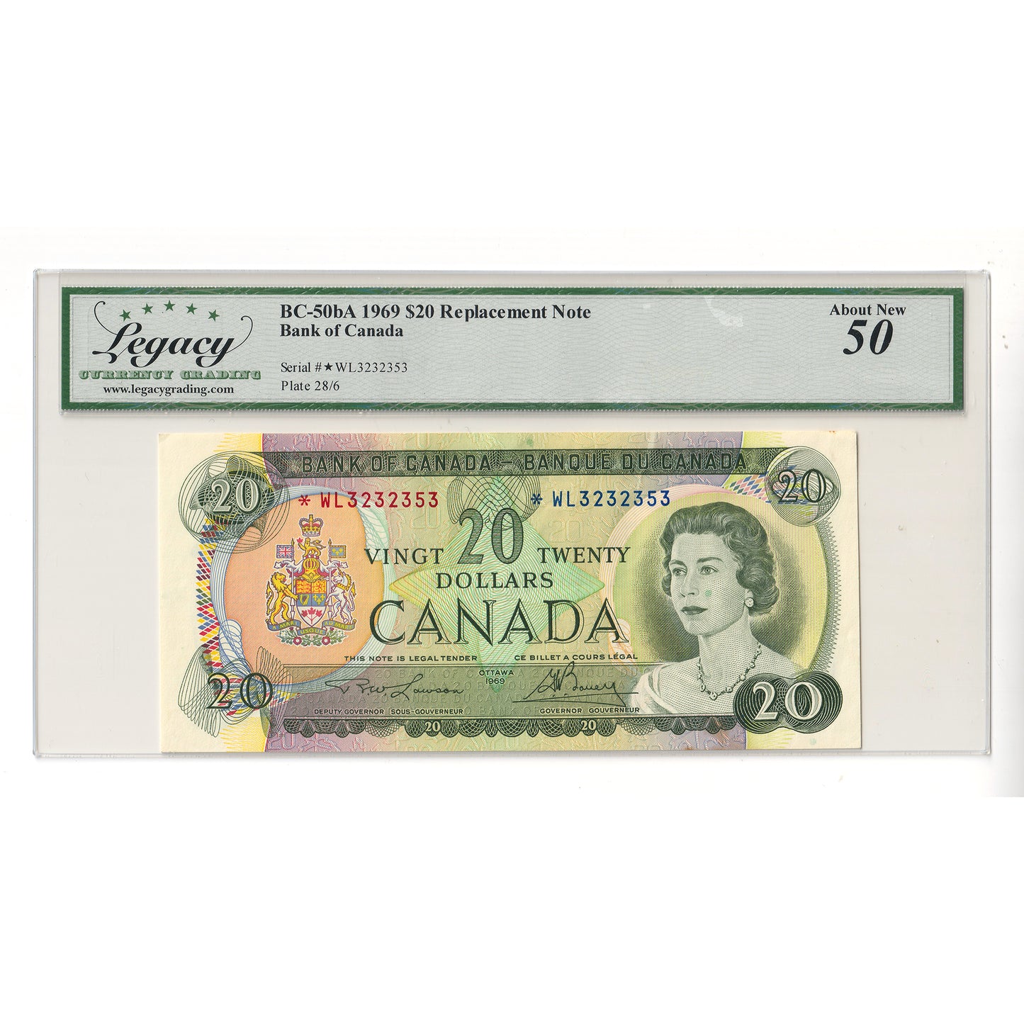 BC-50bA 1969 Canada $20 Lawson-Bouey, Replacement, *WL Legacy Certified AU50