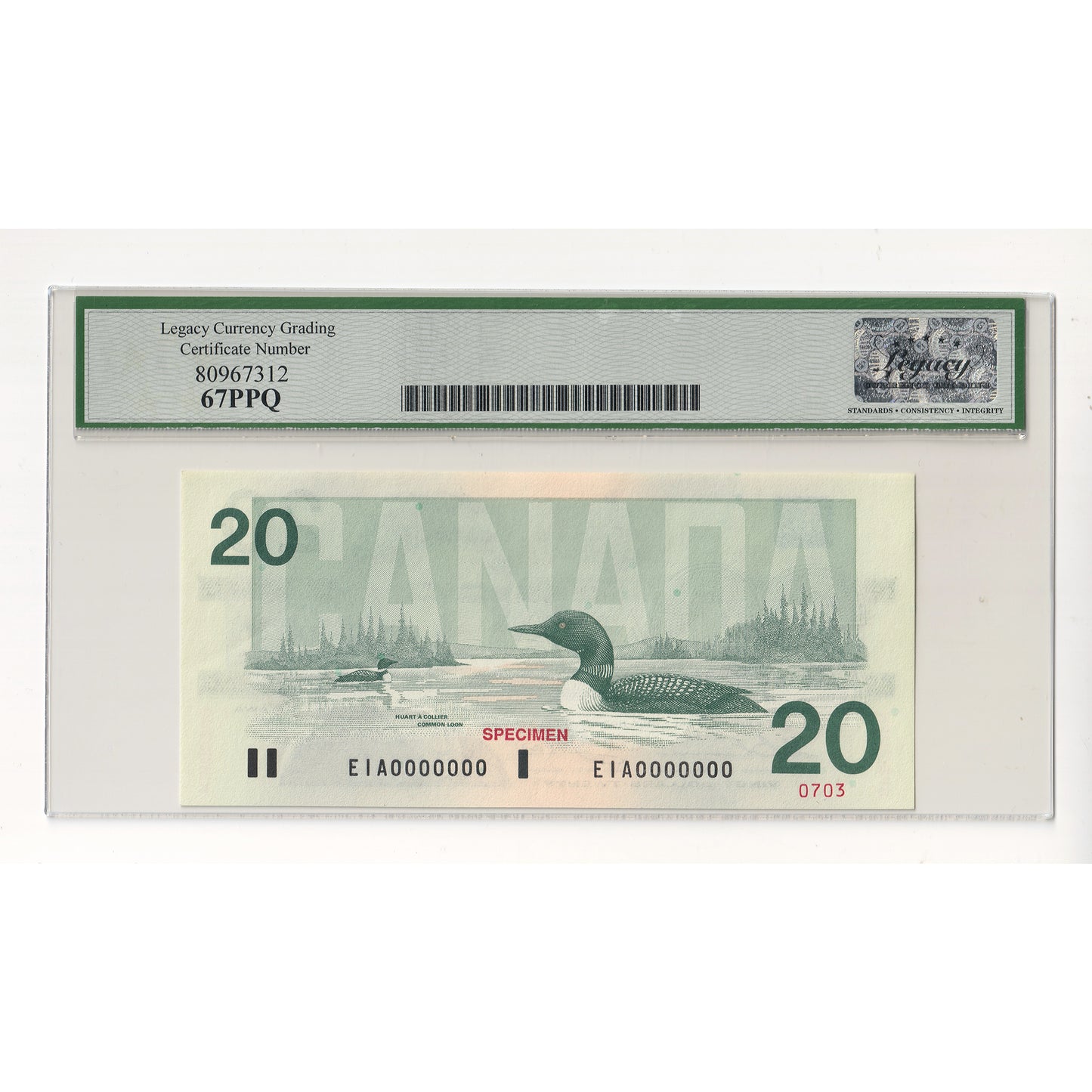 BC-58aS 1991 Canada $20 Thiessen-Crow, Specimen 0703, EIA Legacy Certified GUNC67 PPQ