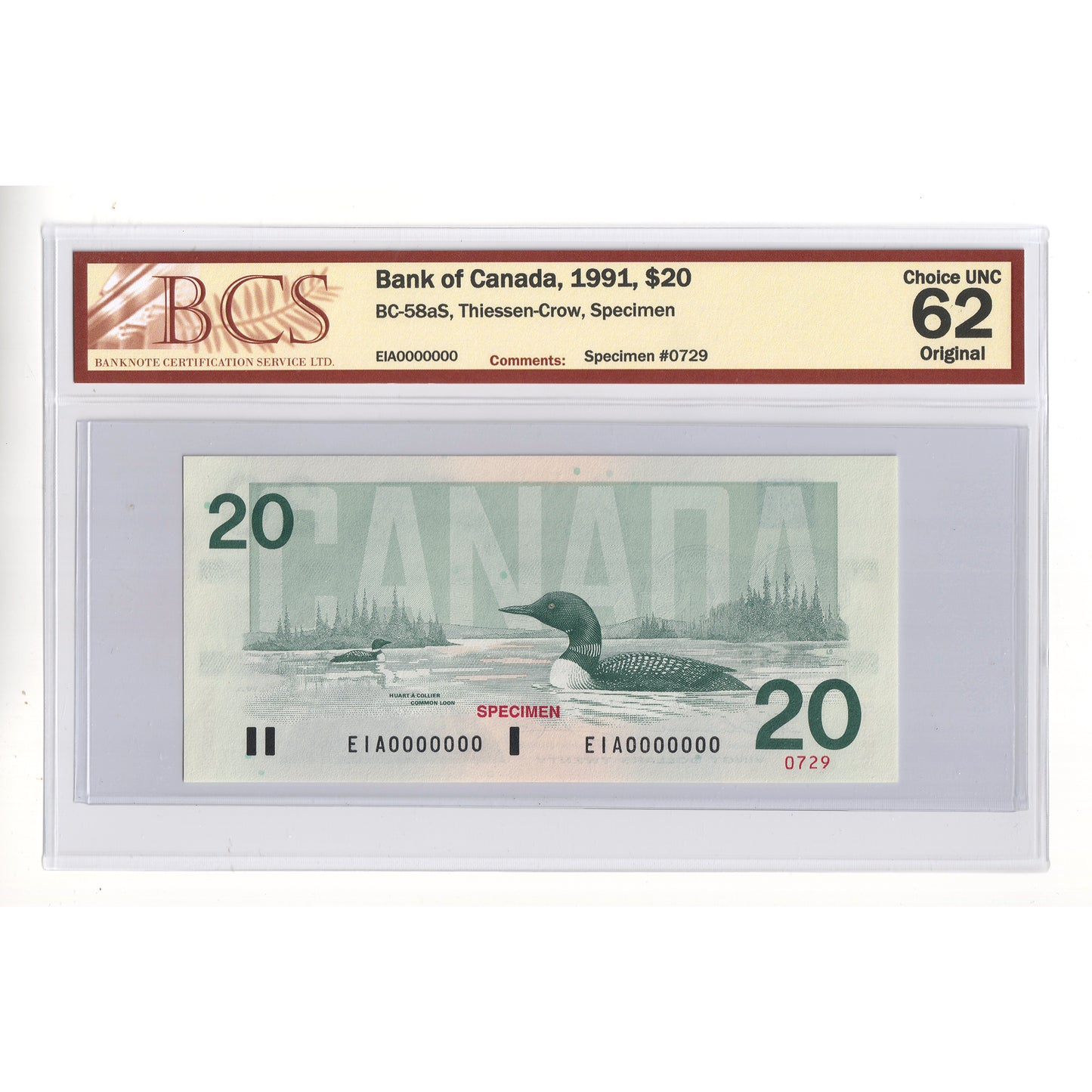 BC-58aS 1991 Canada $20 Thiessen-Crow, Specimen 0729, EIA BCS Certified CUNC62 Original