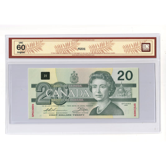 BC-58aS 1991 Canada $20 Thiessen-Crow, Specimen 0710, EIA BCS Certified AU60 Original