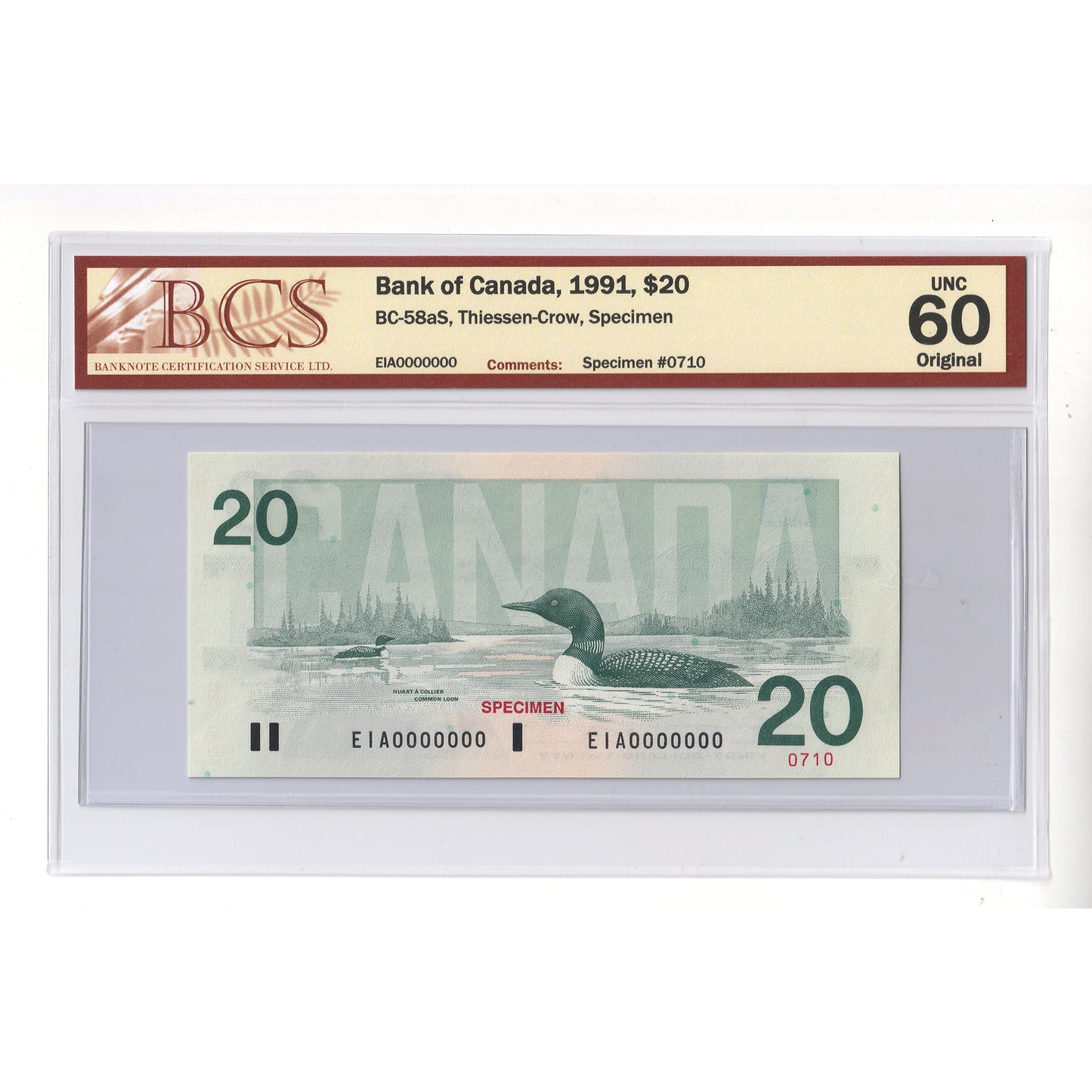 BC-58aS 1991 Canada $20 Thiessen-Crow, Specimen 0710, EIA BCS Certified AU60 Original