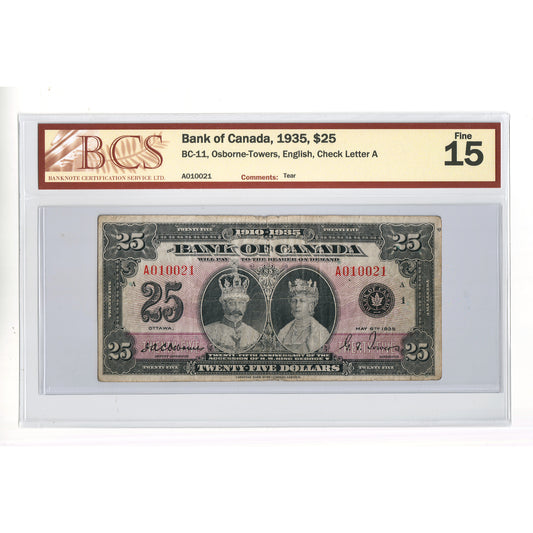 BC-11 1935 Canada $25 Osborne-Towers, English, Check A, BCS Certified F15 (tear) RARE