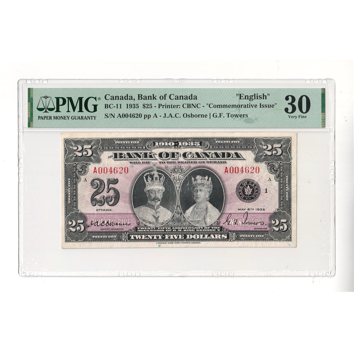 BC-11 1935 Canada $25 Osborne-Towers, English, Check A, PMG Certified VF30 RARE