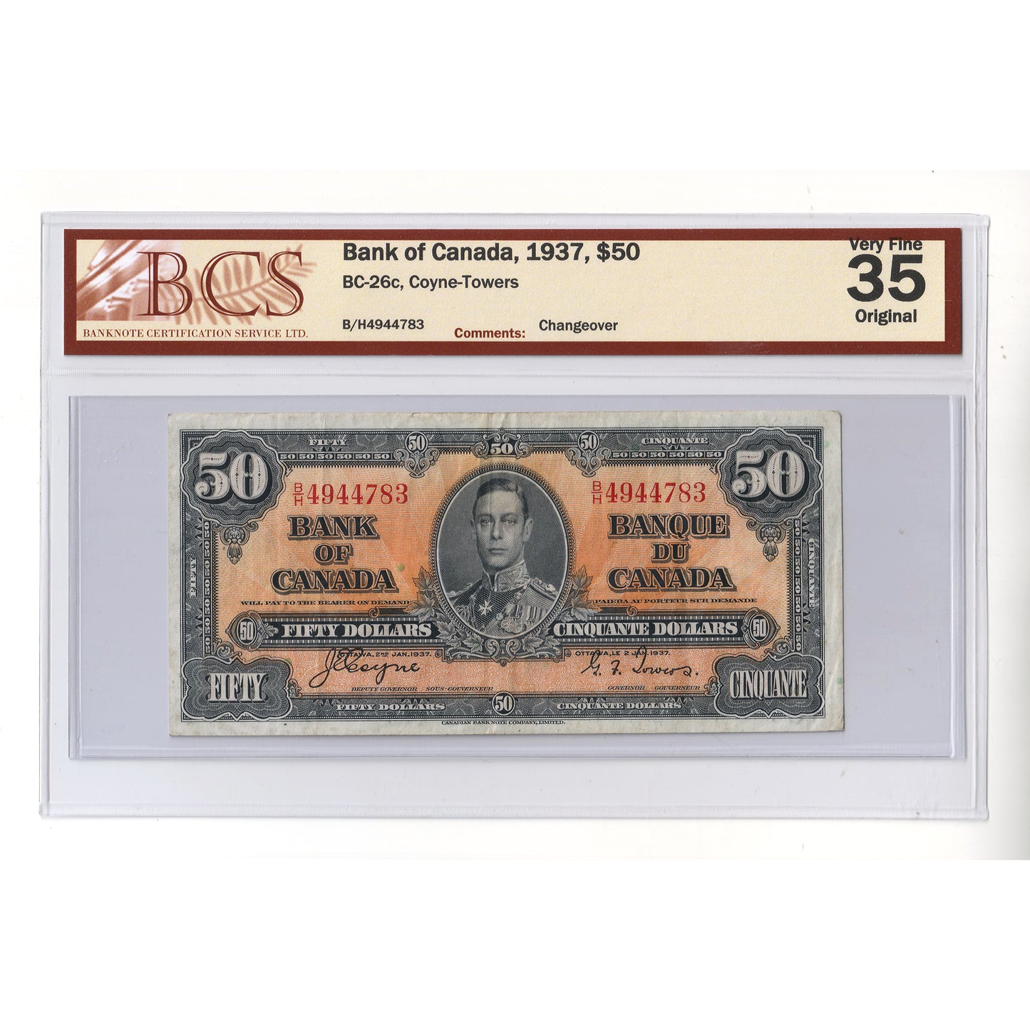 BC-26c 1937 Canada $50 Coyne-Towers, Changeover, BCS Certified VF35 Original