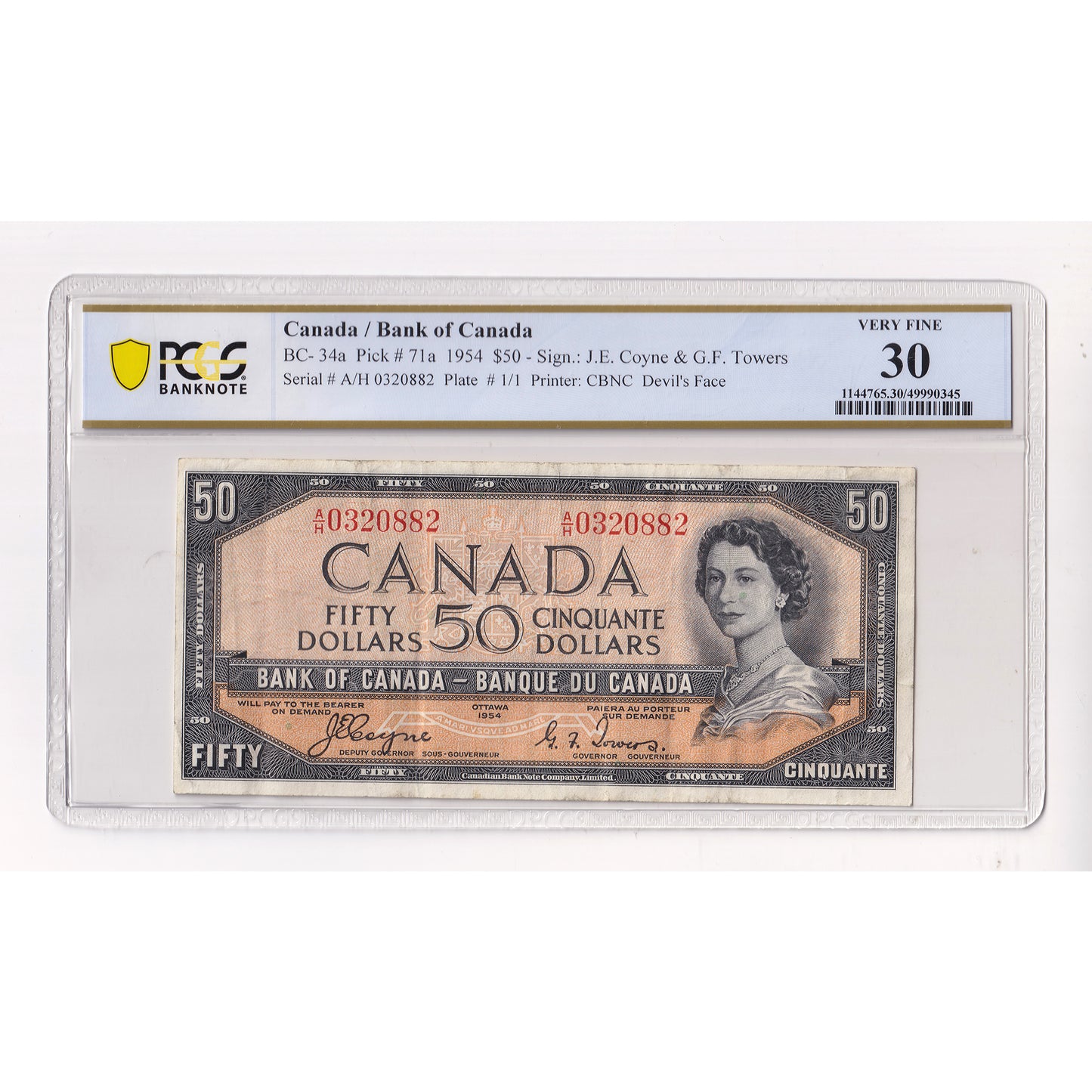 BC-34a 1954 Canada $50 Coyne-Towers, Devil's Face, A/H PCGS Certified VF30