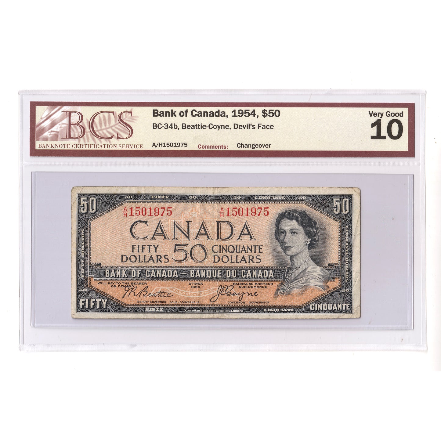 BC-1954 Canada $50 Beattie-Coyne, Devil's Face, Changeover, A/H BCS Certified VG10