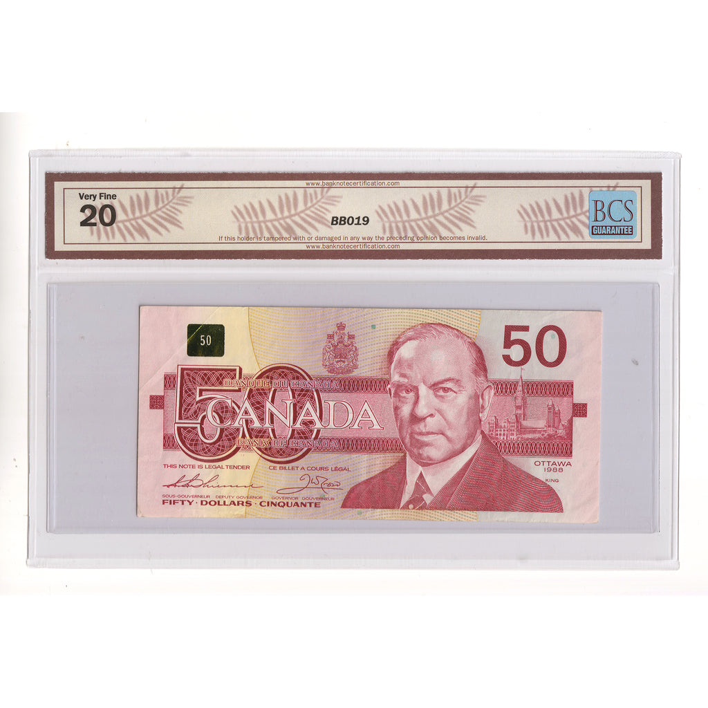 BC-59a 1988 Canada $50 Thiessen-Crow, 4 Digit RADAR FHL0148410 BCS Certified VF20