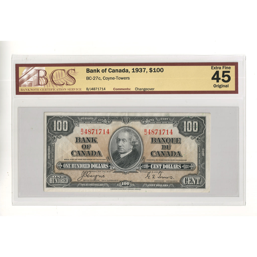 BC-27c 1937 Canada $100 Coyne-Towers, Changeover, B/J BCS Certified EF45 Original