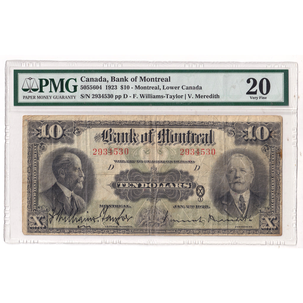 505-56-04 1923 Bank of Montreal $10 Williams-Taylor-Meredith PMG Certified VF20