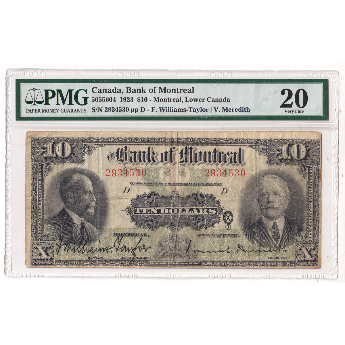 505-56-04 1923 Bank of Montreal $10 Williams-Taylor-Meredith PMG Certified VF20