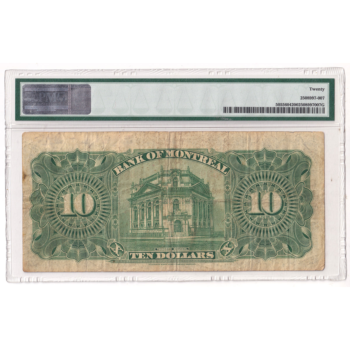 505-56-04 1923 Bank of Montreal $10 Williams-Taylor-Meredith PMG Certified VF20