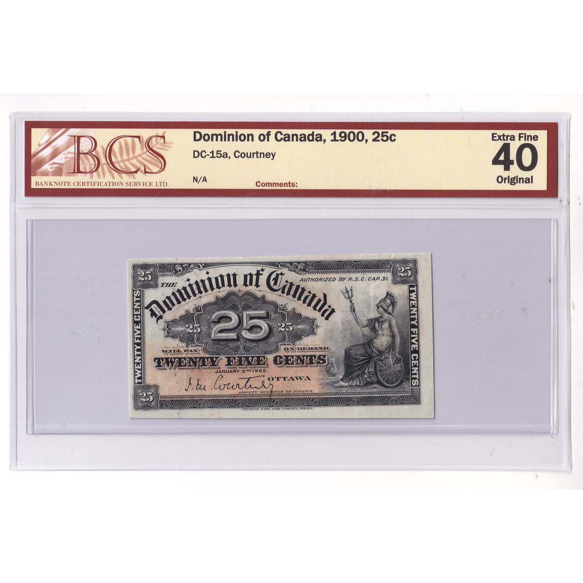 DC-15a 1900 Dominion 25-cent Shinplaster Courtney BCS Certified EF40 Original