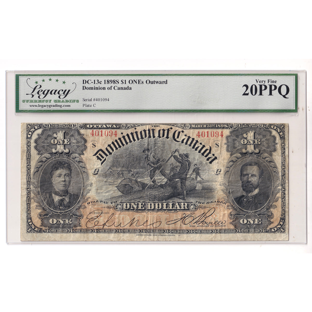 DC-13c 1898 Dominion $1 V-B, Outward ONEs, Series S, Check C, Legacy Certified VF20 PPQ
