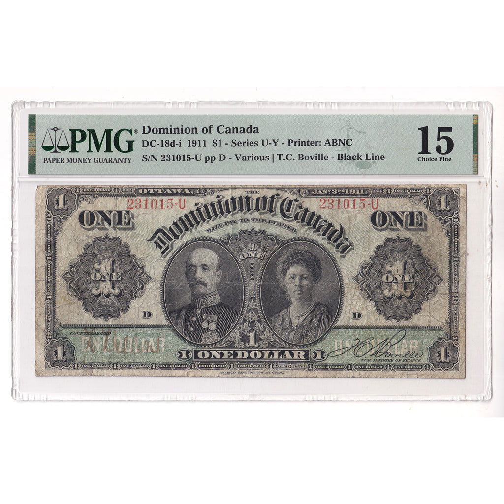 DC-18d-i 1911 Dominion $1 Various-Boville, Black Line, Series U, Letter D PMG Cert. F15