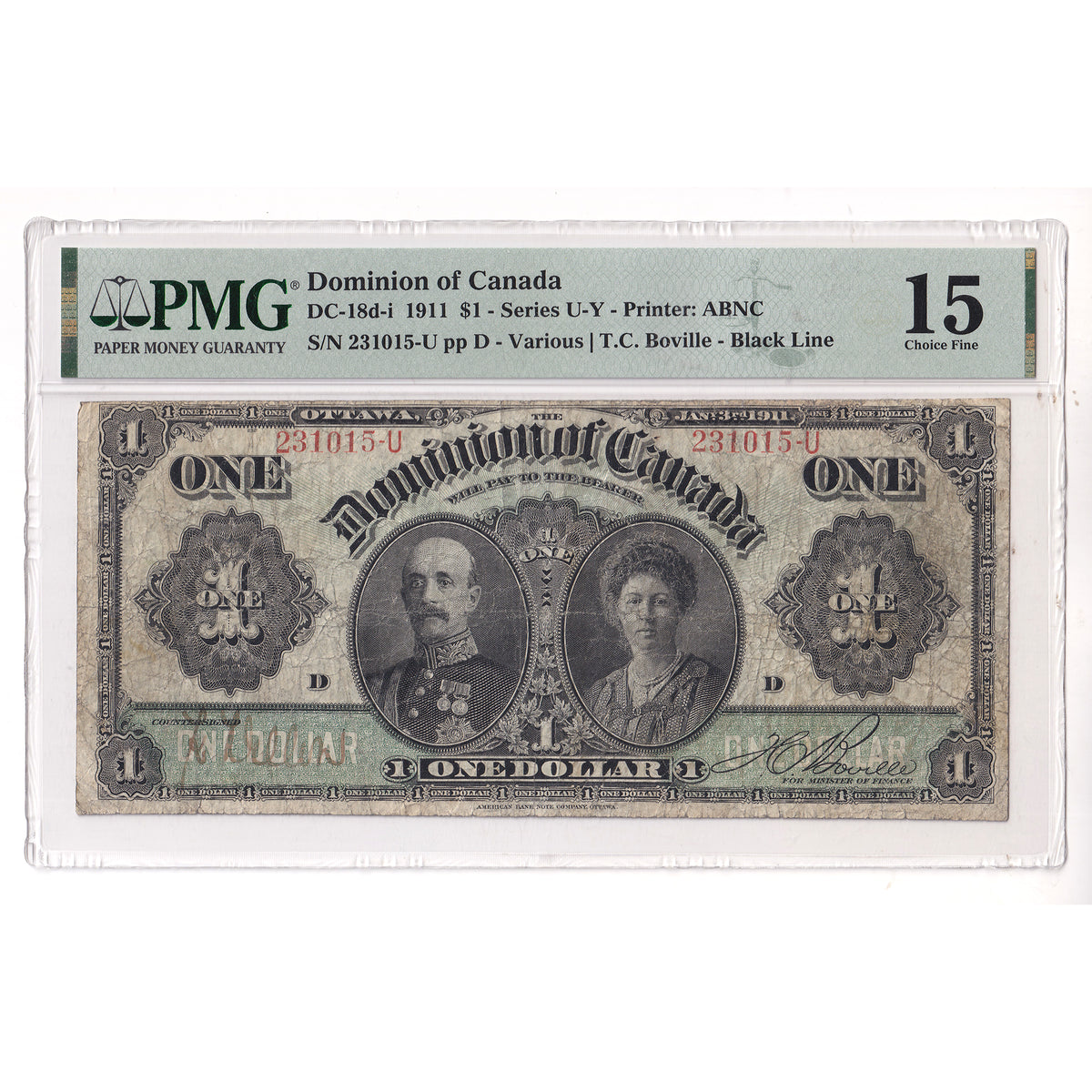 DC-18d-i 1911 Dominion $1 Various-Boville, Black Line, Series U, Letter D PMG Cert. F15