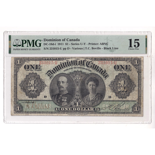 DC-18d-i 1911 Dominion $1 Various-Boville, Black Line, Series U, Letter D PMG Cert. F15
