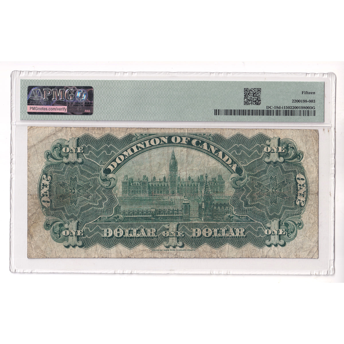 DC-18d-i 1911 Dominion $1 Various-Boville, Black Line, Series U, Letter D PMG Cert. F15