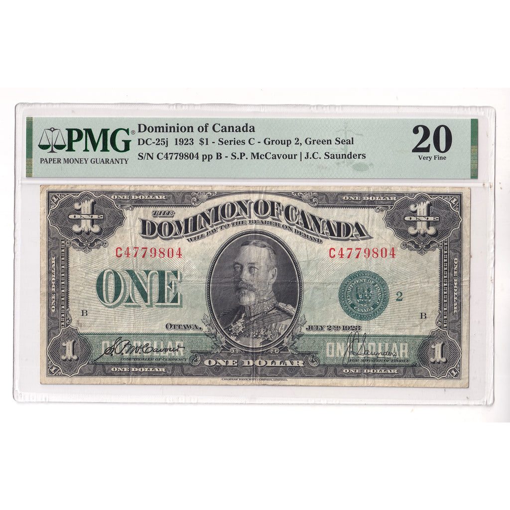 DC-25j 1923 Dominion $1 McCavour-Saunders, Green Seal, Series C, Group 2 PMG Cert. VF20