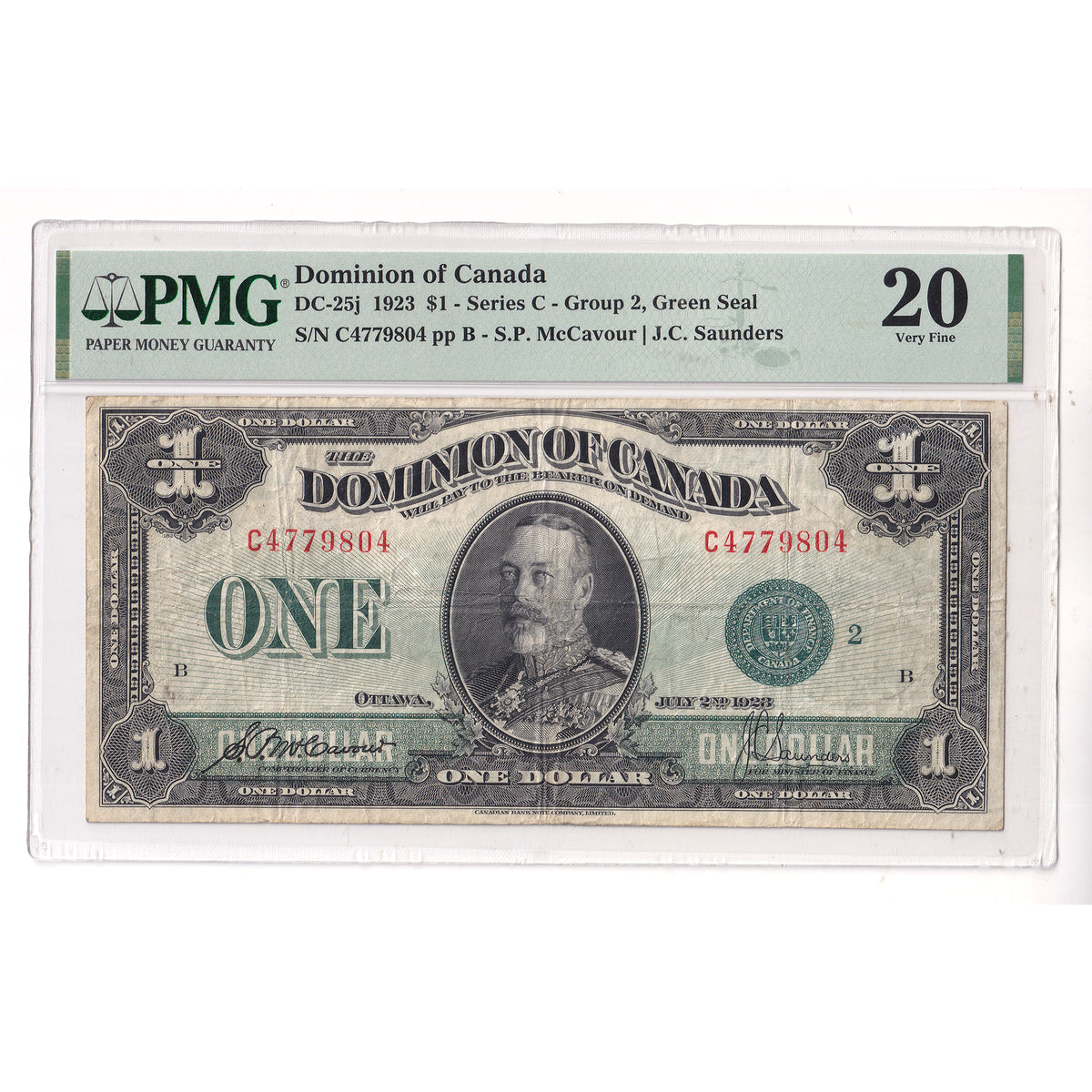 DC-25j 1923 Dominion $1 McCavour-Saunders, Green Seal, Series C, Group 2 PMG Cert. VF20