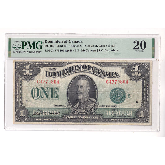 DC-25j 1923 Dominion $1 McCavour-Saunders, Green Seal, Series C, Group 2 PMG Cert. VF20