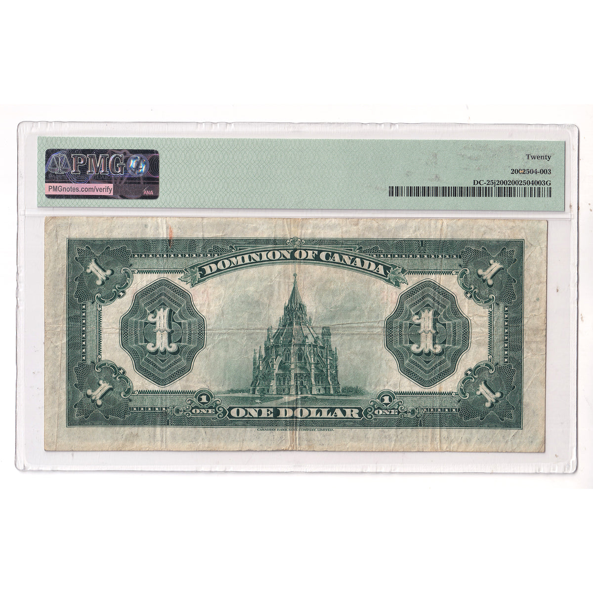 DC-25j 1923 Dominion $1 McCavour-Saunders, Green Seal, Series C, Group 2 PMG Cert. VF20
