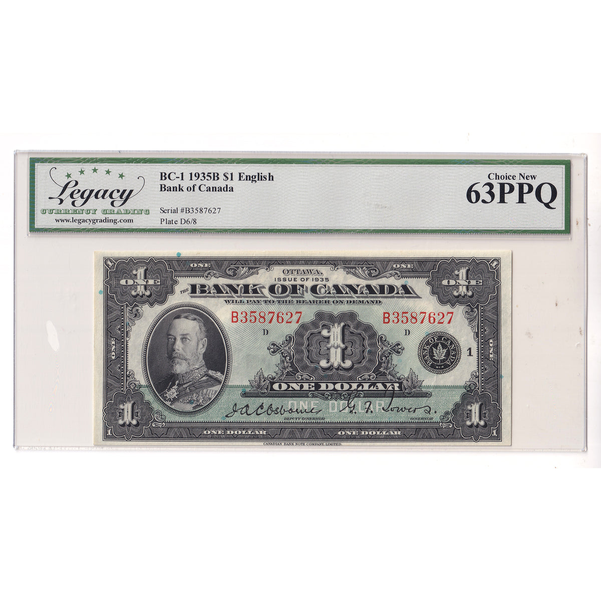 BC-1 1935 Canada $1 Osborne-Towers, English, Series B, Check D Legacy Cert. CUNC63 PPQ
