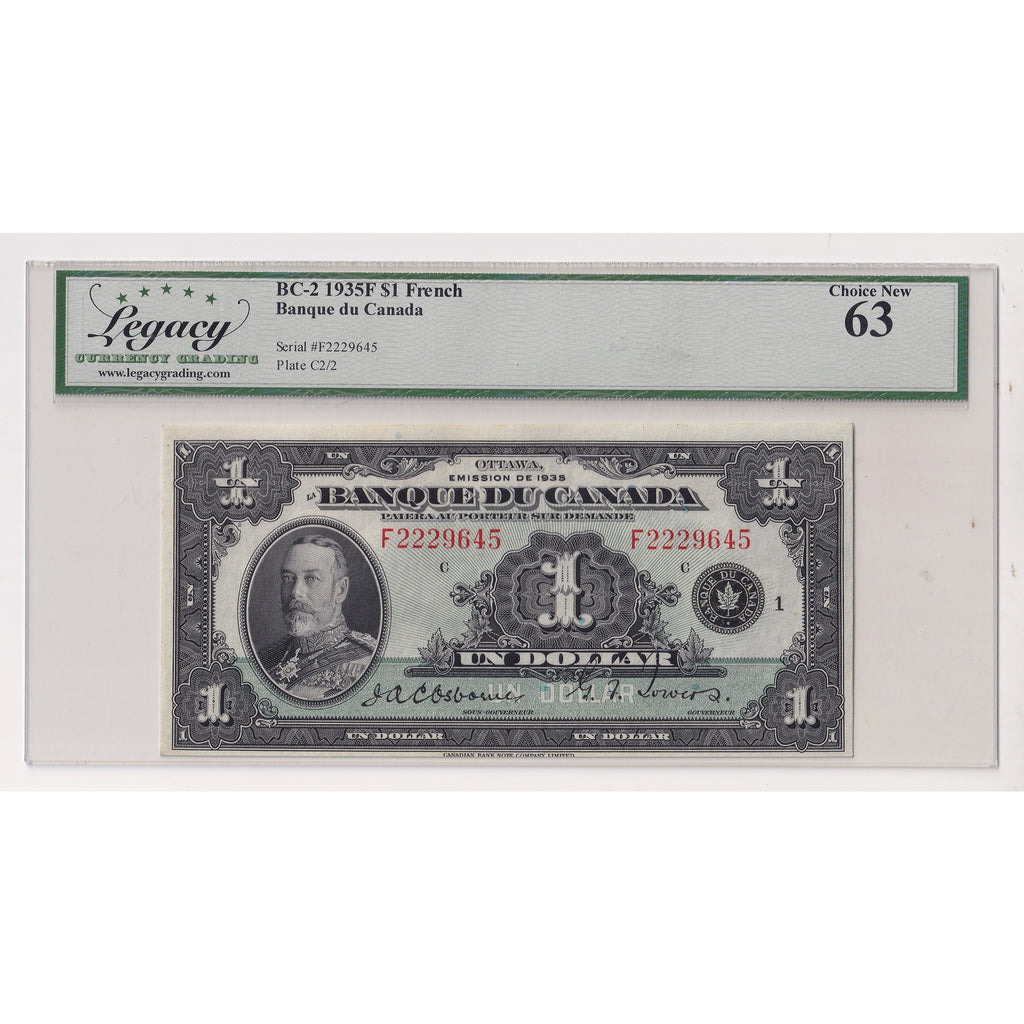 BC-2 1935 Canada $1 Osborne-Towers, French, Series F, Check C Legacy Certified CUNC63