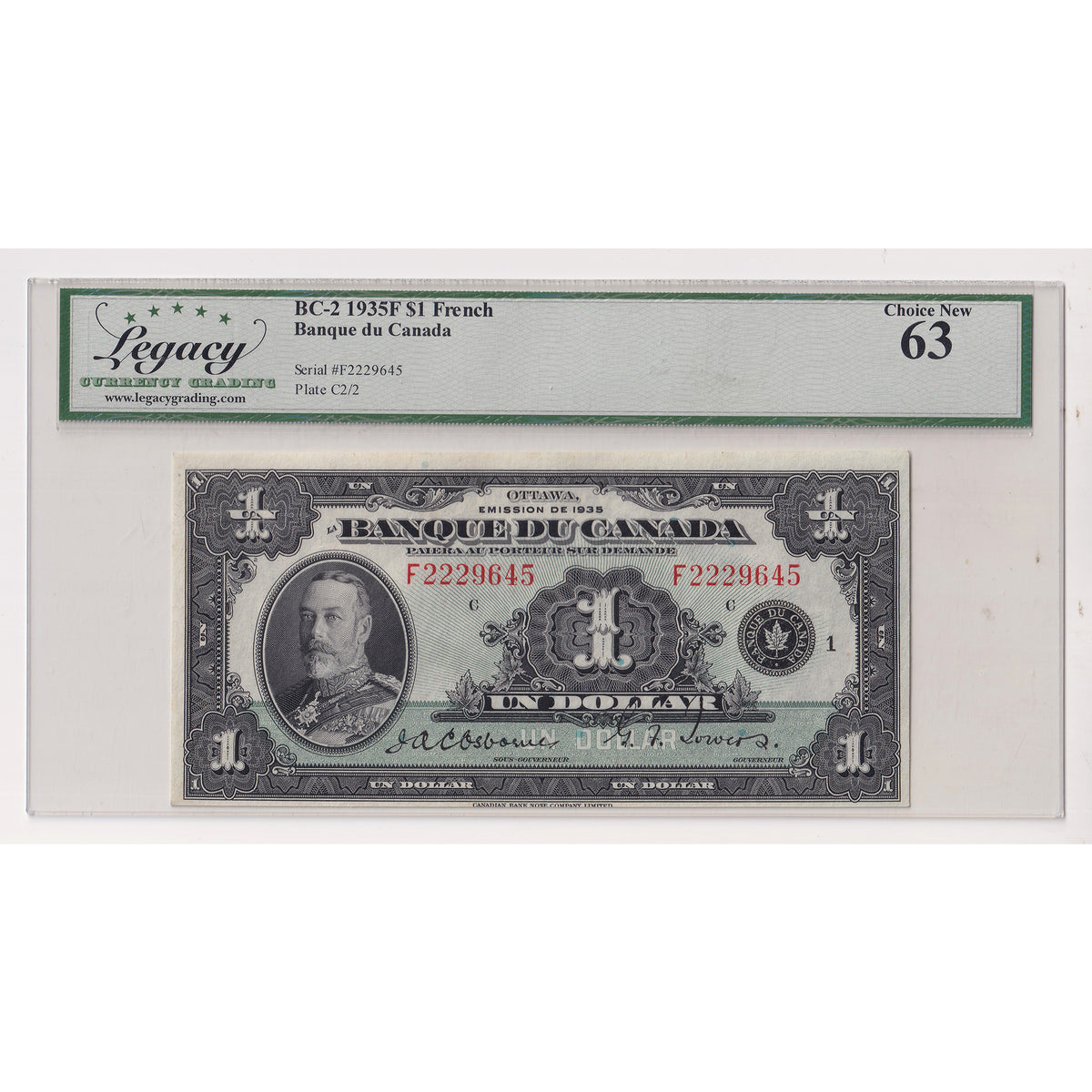 BC-2 1935 Canada $1 Osborne-Towers, French, Series F, Check C Legacy Certified CUNC63