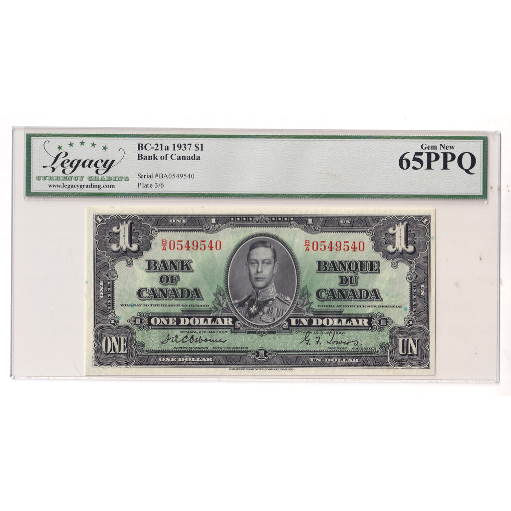 BC-21a 1937 Canada $1 Osborne-Towers, B/A Legacy Certified GUNC65 PPQ