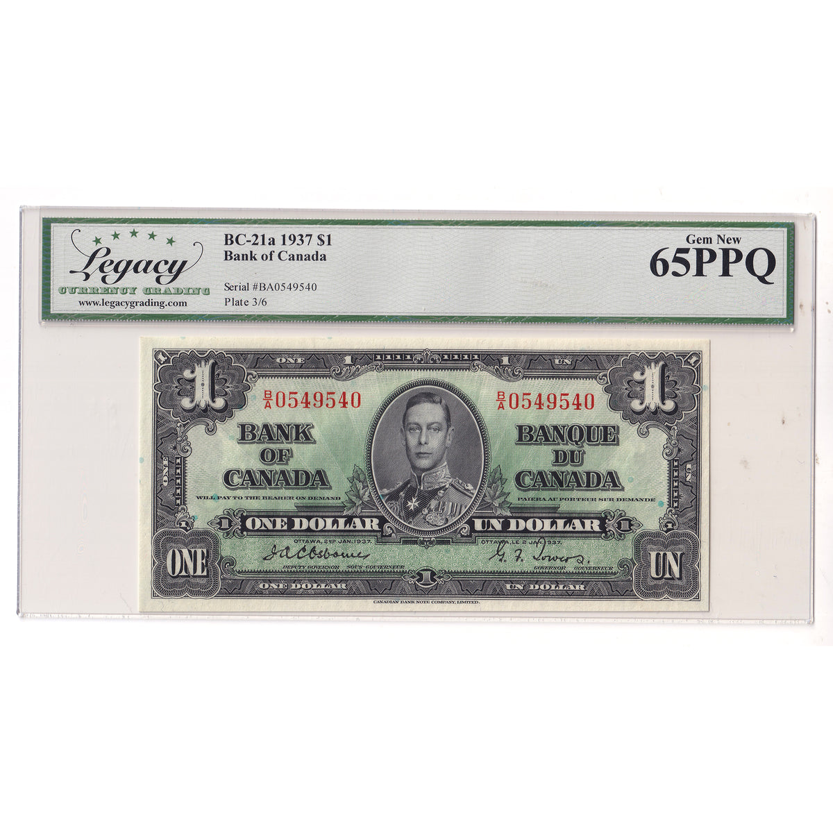 BC-21a 1937 Canada $1 Osborne-Towers, B/A Legacy Certified GUNC65 PPQ