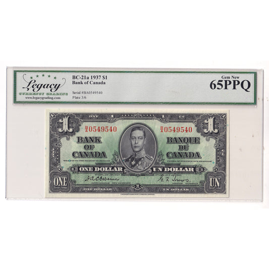 BC-21a 1937 Canada $1 Osborne-Towers, B/A Legacy Certified GUNC65 PPQ
