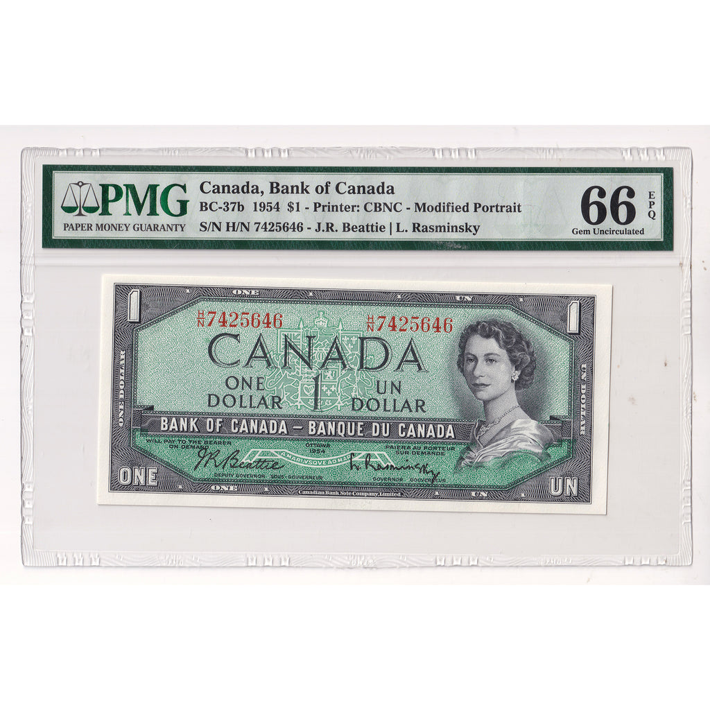 BC-37b 1954 Canada $1 Beattie-Rasminsky, Modified Portrait, H/N PMG Certified GUNC66 EPQ