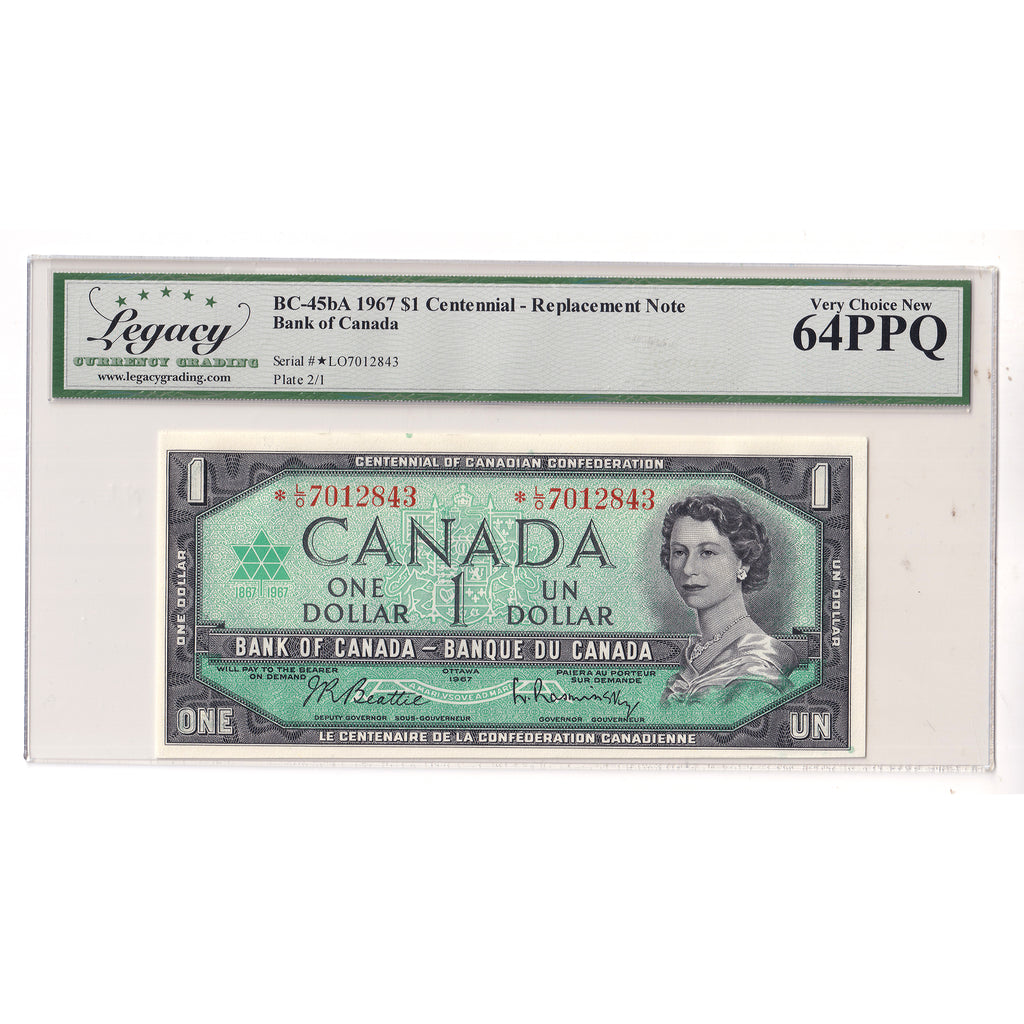 BC-45bA 1967 Canada $1 Beattie-Rasminsky, Replacement, *L/O Legacy Certified CUNC64 PPQ
