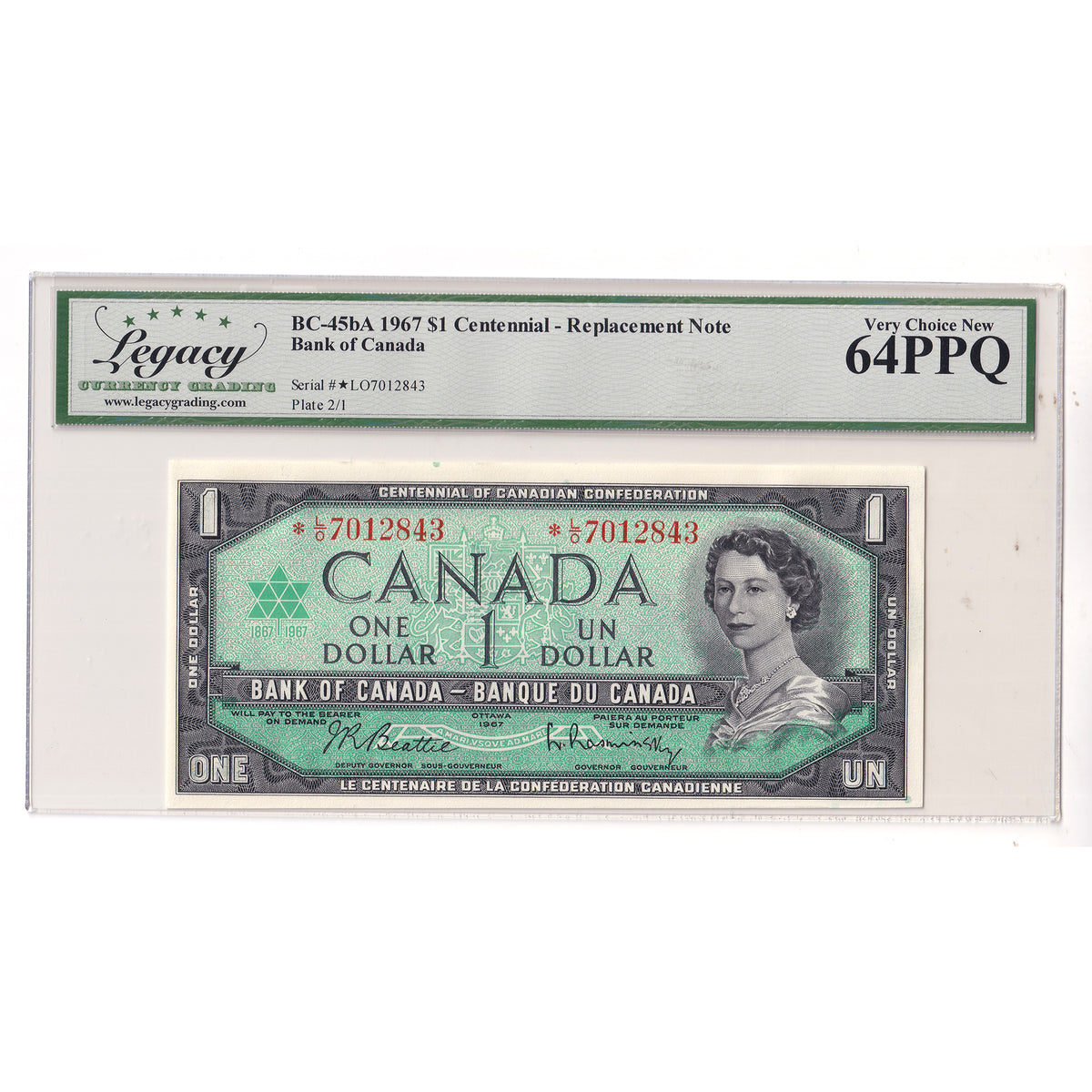 BC-45bA 1967 Canada $1 Beattie-Rasminsky, Replacement, *L/O Legacy Certified CUNC64 PPQ