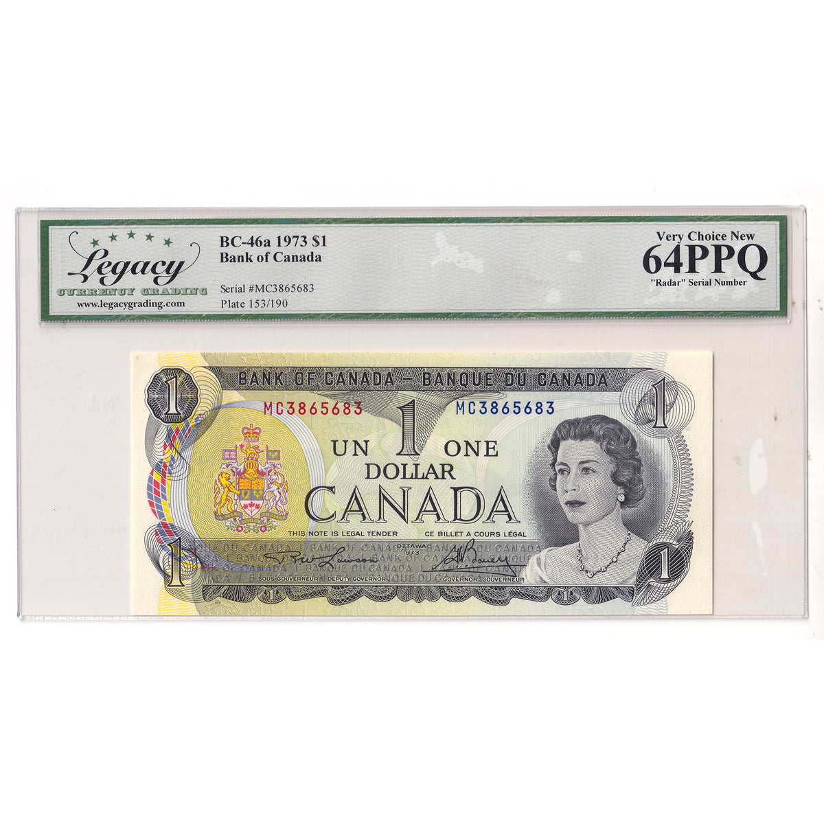 BC-46a 1973 Canada $1 Lawson-Bouey, 4 Digit RADAR MC3865683 Legacy Certified CUNC64 PPQ