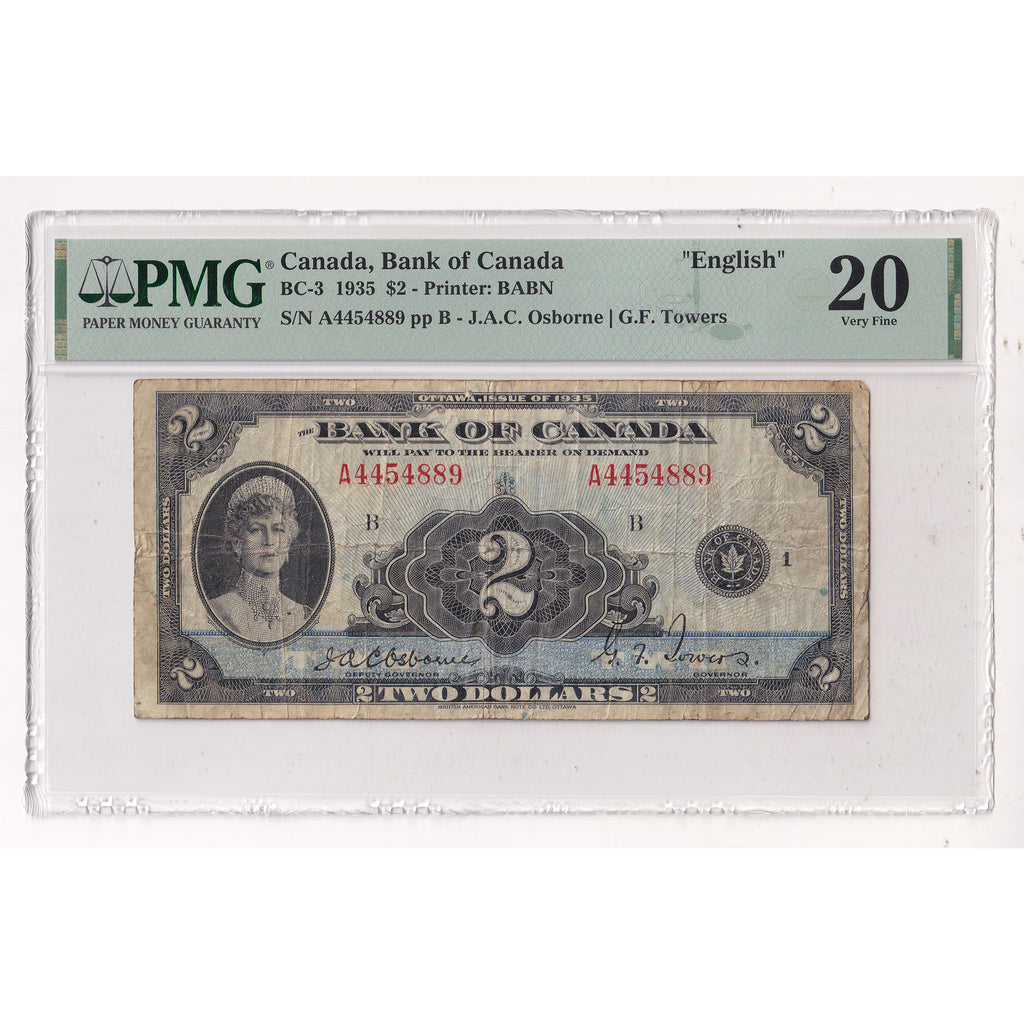 BC-3 1935 Canada $2 Osborne-Towers, English, Check Letter B PMG Certified VF20