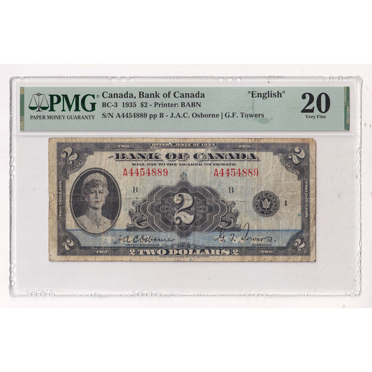 BC-3 1935 Canada $2 Osborne-Towers, English, Check Letter B PMG Certified VF20