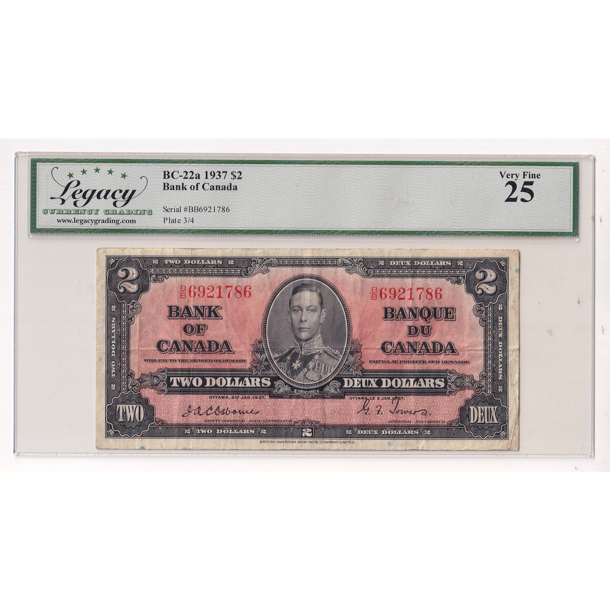 BC-22a 1937 Canada $2 Osborne-Towers, B/B Legacy Certified VF25