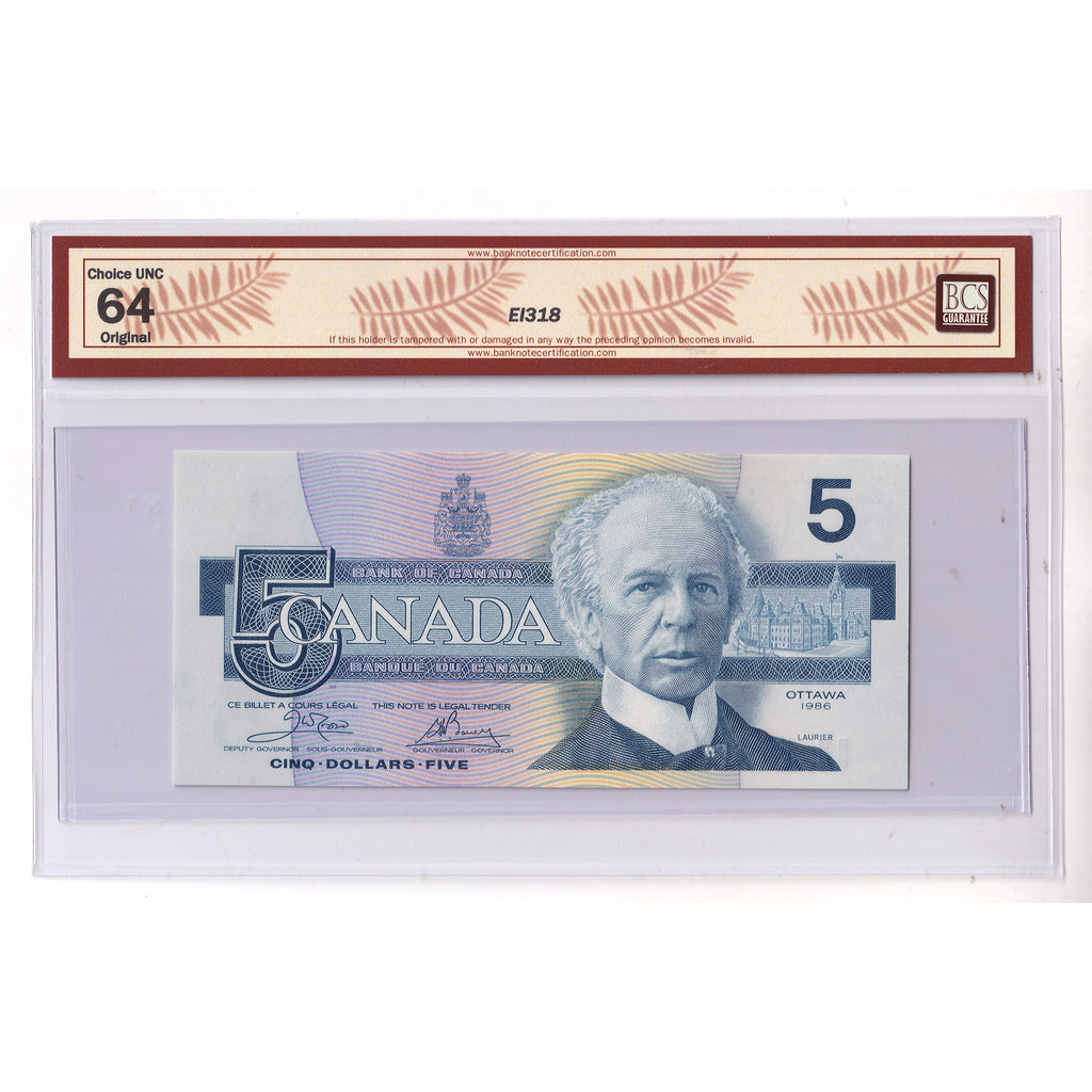 BC-56a 1986 Canada $5 Crow-Bouey, ENA BCS Certified CUNC64 Original