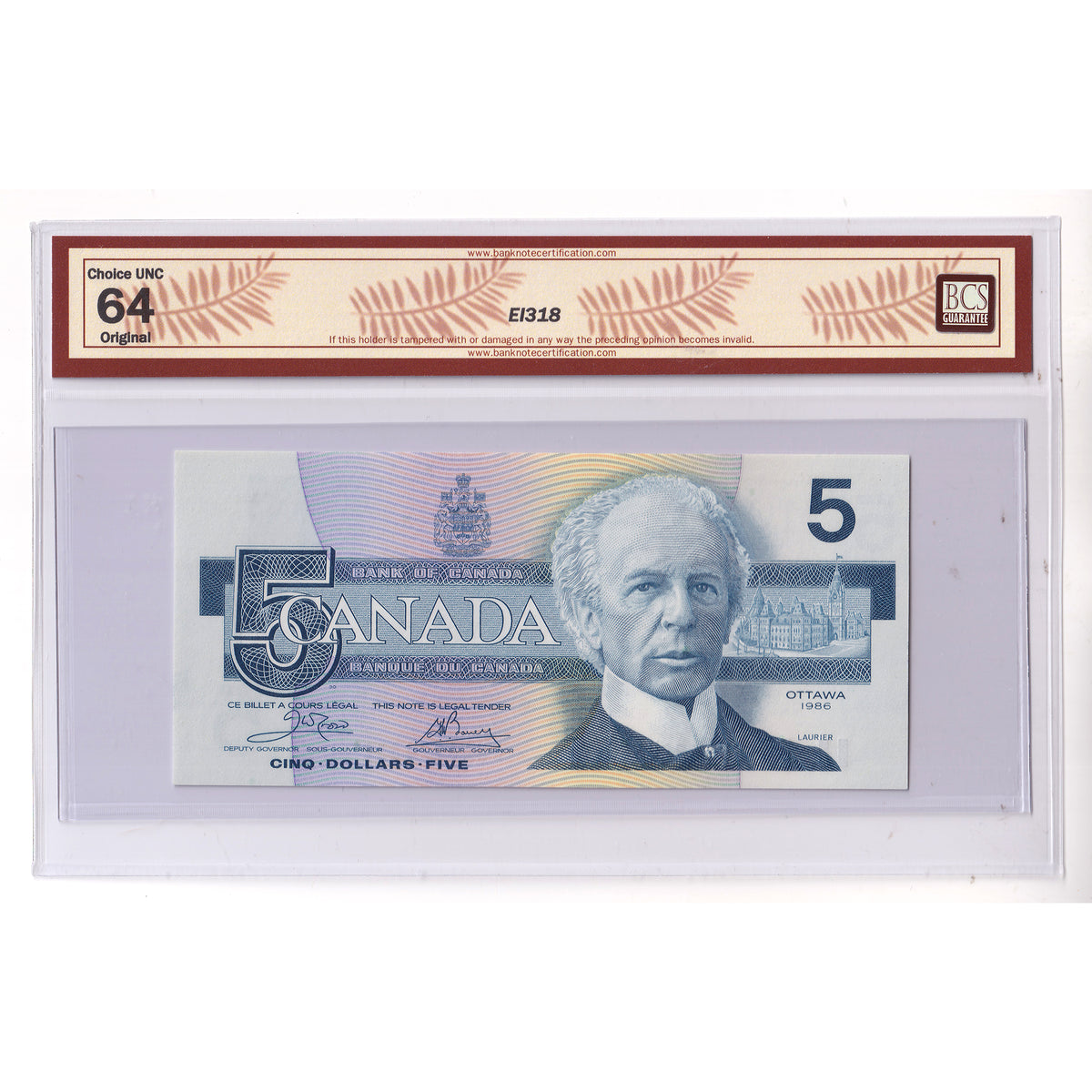 BC-56a 1986 Canada $5 Crow-Bouey, ENA BCS Certified CUNC64 Original