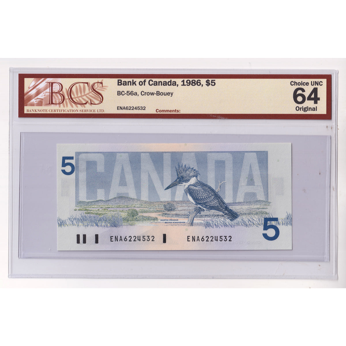 BC-56a 1986 Canada $5 Crow-Bouey, ENA BCS Certified CUNC64 Original